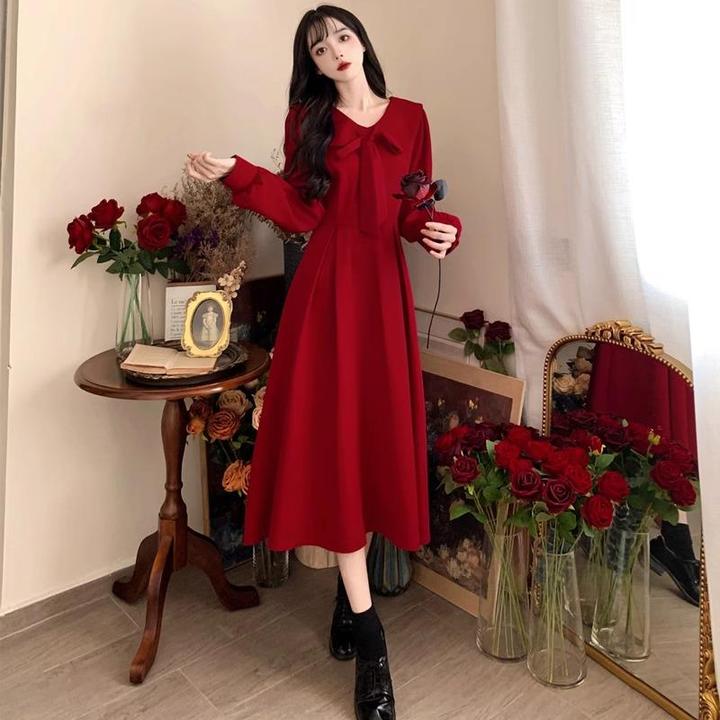 淳启法式娃娃微胖mm赫本风领红色连衣裙女秋冬敬酒服订婚礼服长裙