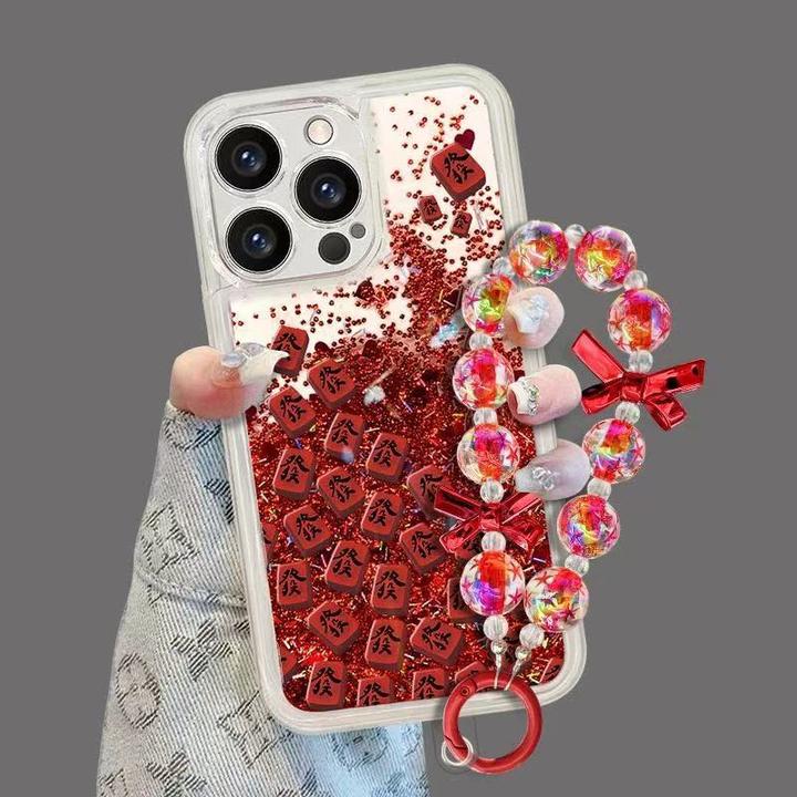 八方来财發發發麻将新款流沙壳适用于华为苹果苹果14大红色手机壳