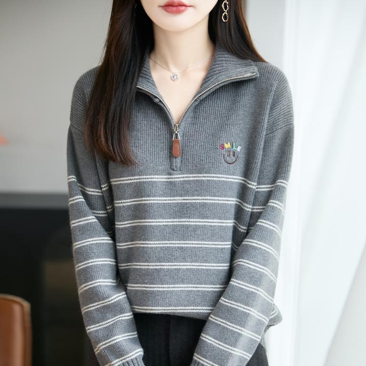 大码女装微胖mm秋冬翻领女士条纹毛衣遮肚子内搭可外穿针织打底衫