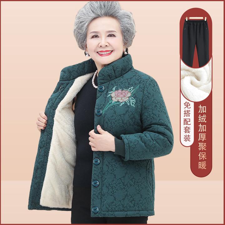 中国风老年人冬装棉服奶奶棉衣加绒加厚外套冬天妈妈款棉服老人棉