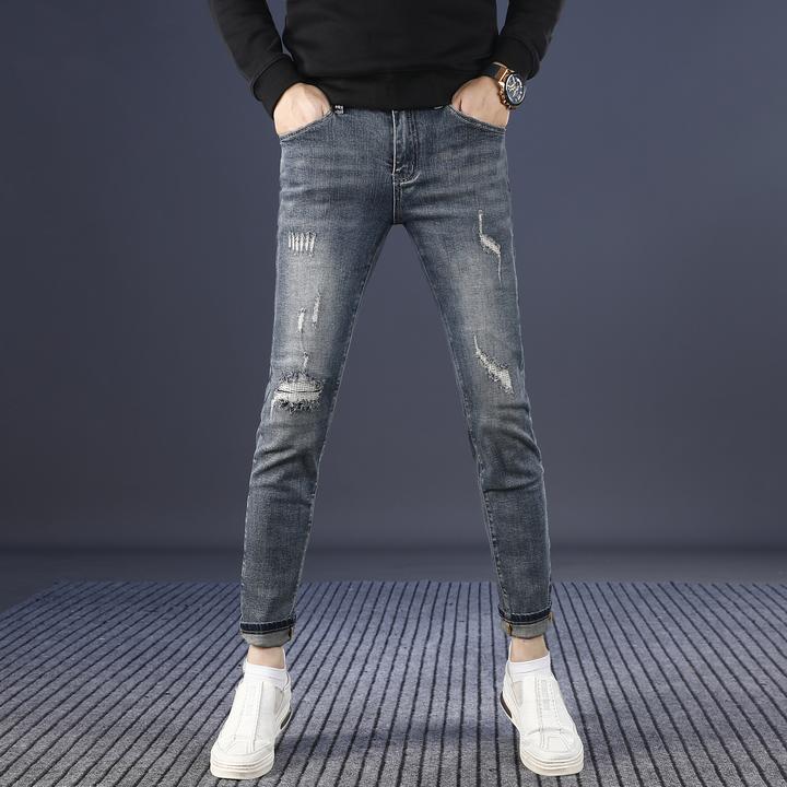 范莉泰秋冬蓝色九分破洞牛仔裤男款爆款2025新款修身小脚男士裤子