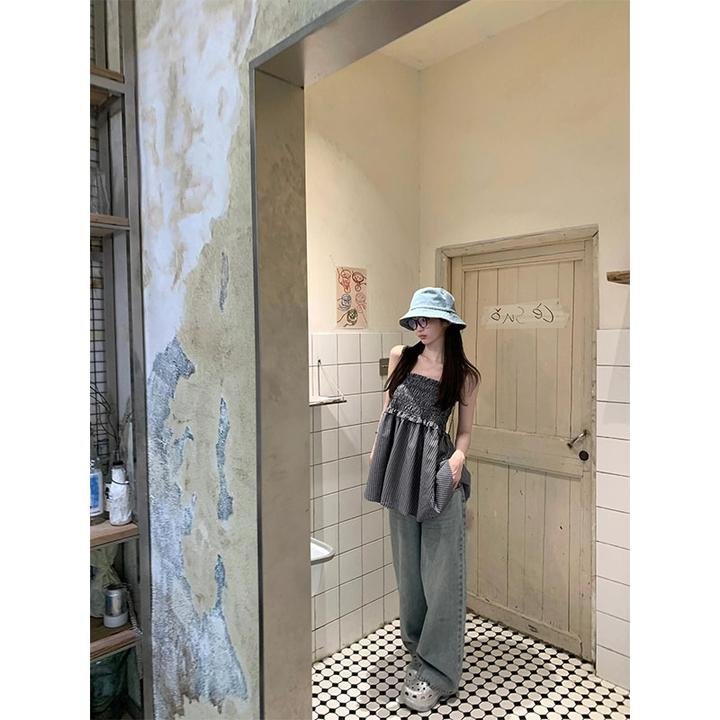 2025夏季新款韩系慵懒风气质条纹抹胸背心上衣复古显瘦休闲牛仔裤