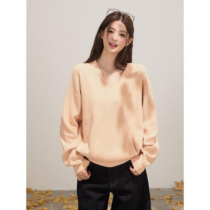 谢不肉 纯色V领宽松落肩长袖针织衫女秋休闲显瘦简约上衣50615