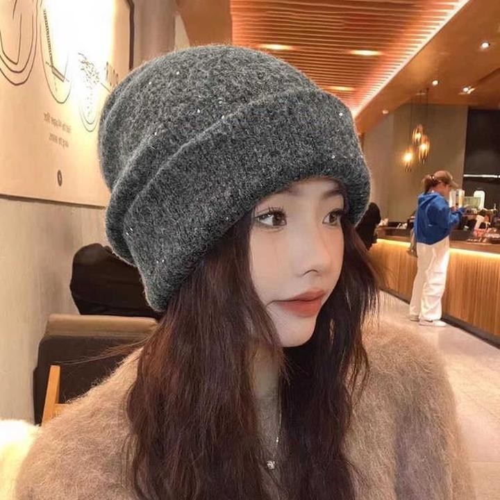 秋冬慵懒风亮片加厚堆堆帽韩系防风保暖套头帽休闲百搭显脸小冷帽