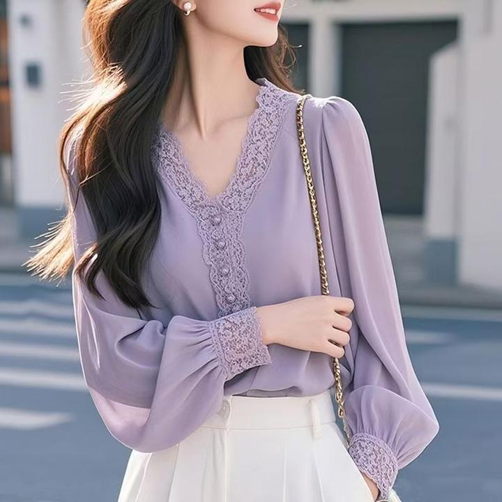 氛围感紫色衬衫女春夏新款法式气V领灯笼袖雪纺衫