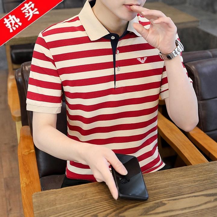 男士上衣百搭薄款修身Polo衫印花夏季半袖韩版短袖条纹纯棉商务