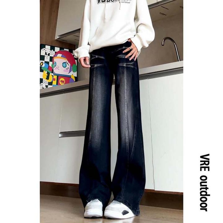 美式高街vibe直筒微喇牛仔裤男秋季潮牌复古修身显瘦百搭拼接裤子