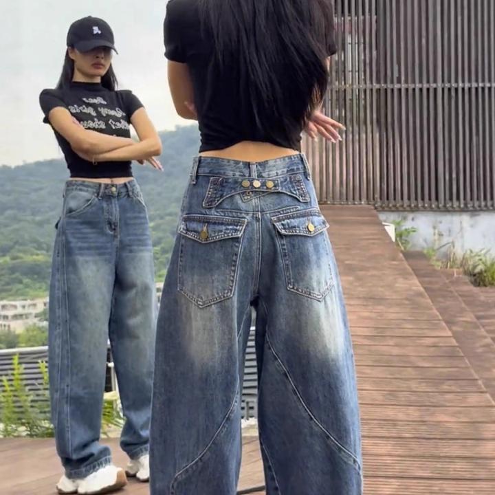复古阔腿牛仔裤女早秋新款大码胖mm高腰显瘦宽松遮肉弯刀直筒裤子