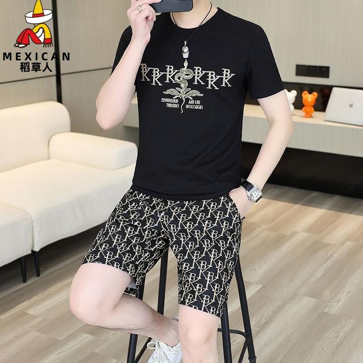 稻草人2025新款高品质套装冰丝圆领短袖男装英伦痞帅美式复古男装