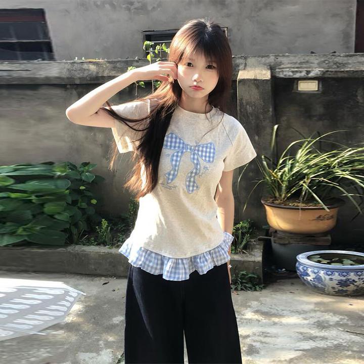 韩系高级感格纹拼接蝴蝶结刺绣短袖t恤女夏季修身显瘦假两件上衣