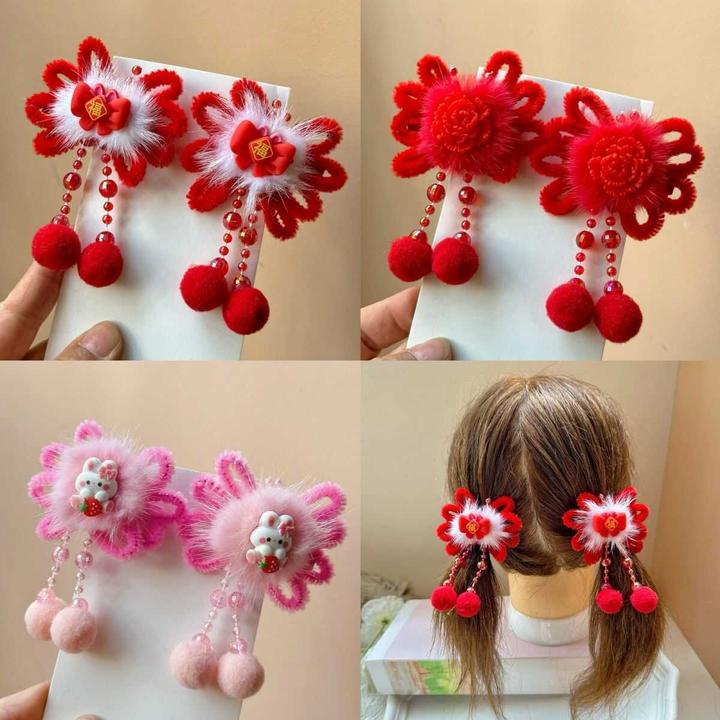 儿童新年头饰中国风女童汉服发夹毛绒绒古风流苏发卡宝宝过年发饰