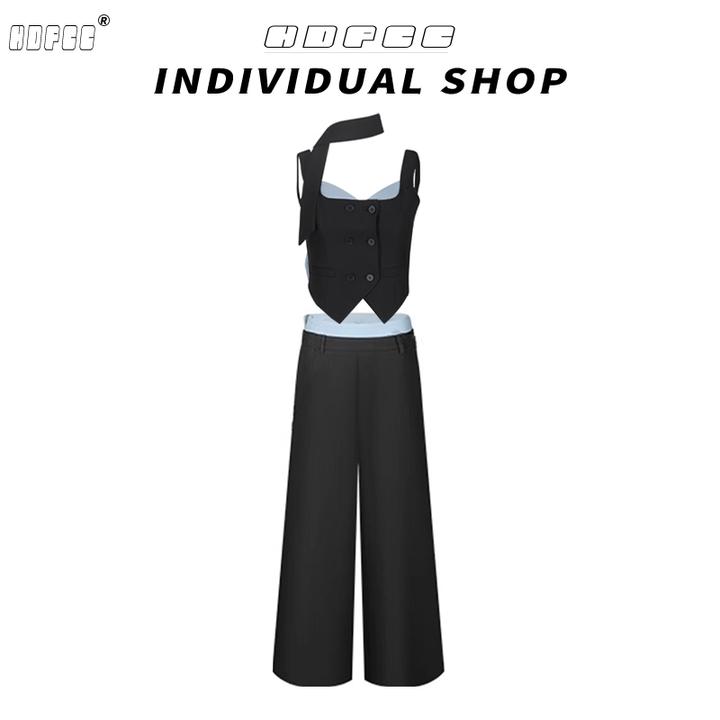 时尚辣妹套装女夏季新款miu系露背纯欲蝴蝶结背心+阔腿裤两件套潮