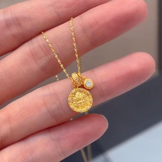 S925纯银新中式古法黄财神吊坠项链女高级感复古小灯泡锁骨链