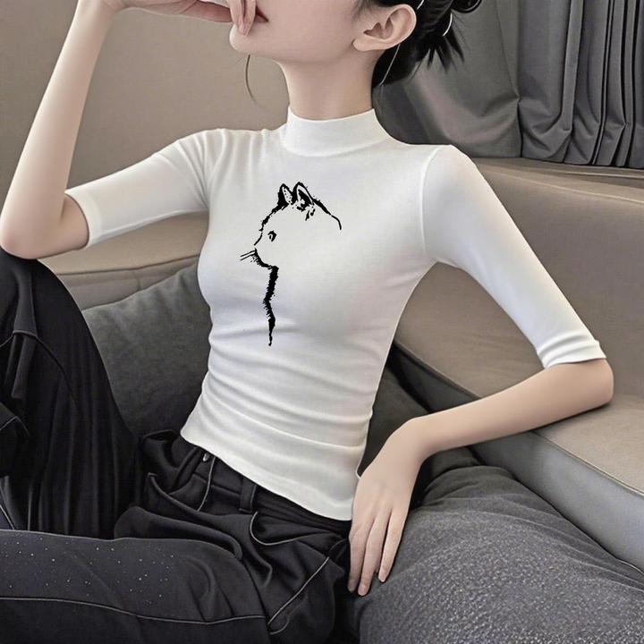 黑色中袖t恤女春秋新款印花打底衫内搭莫代尔半高领薄款百搭上衣