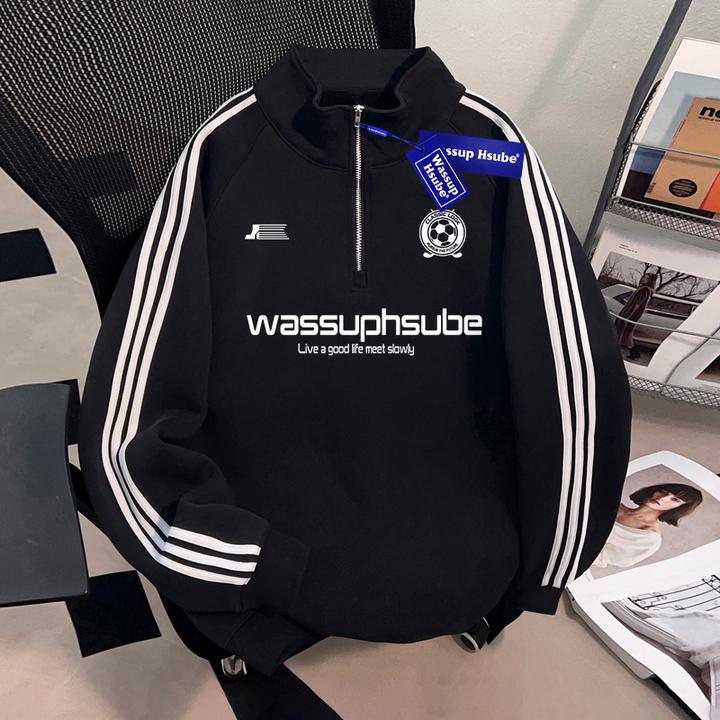 WASSUP HSUBE潮酷高街三条杠半拉链立领套头卫衣秋冬季运动棒球服