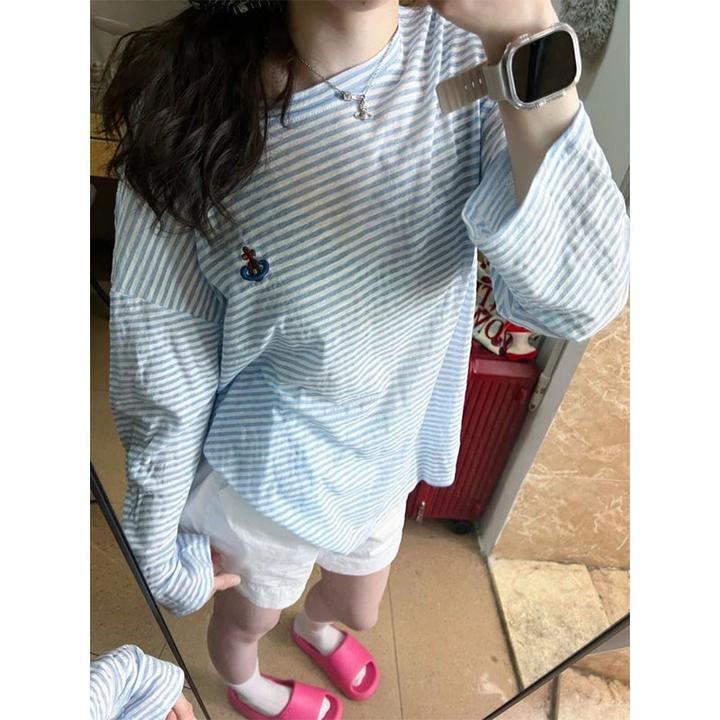韩系温柔风蓝白撞色条纹长袖女夏季小众宽松百搭防晒罩衫T恤上衣