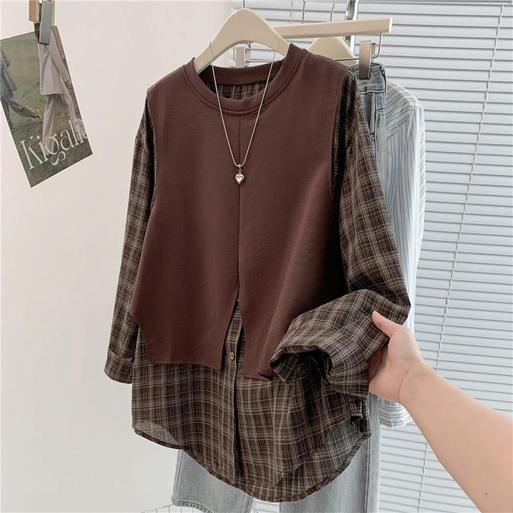 设计感小众格子长袖衬衫拼接卫衣秋季时尚新款宽松假两件上衣女