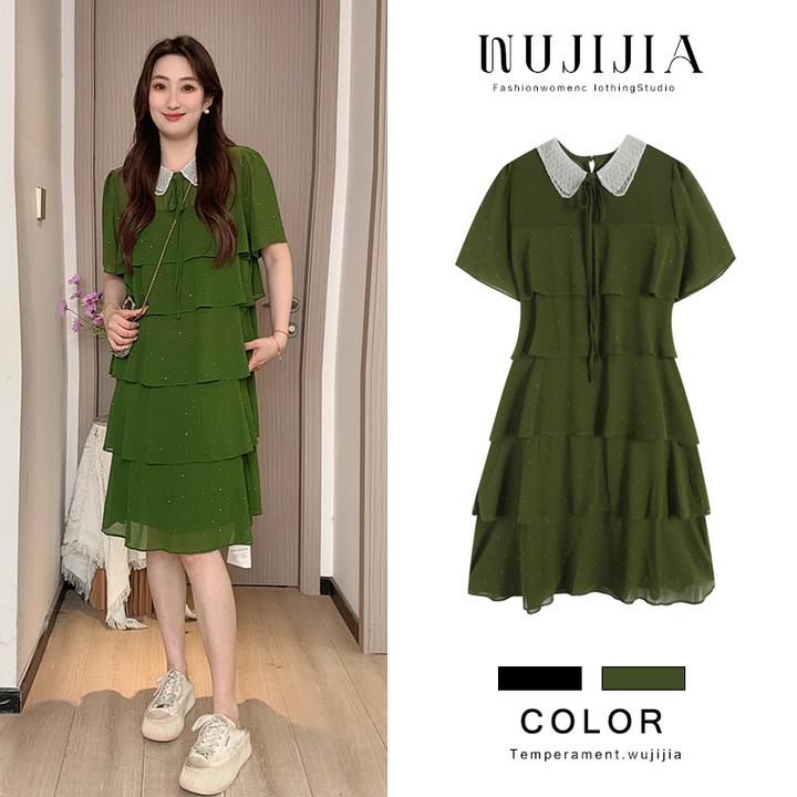 五季家【森氧絮语】减龄裙子黑色/绿色连衣裙夏季大码女装ZL108320