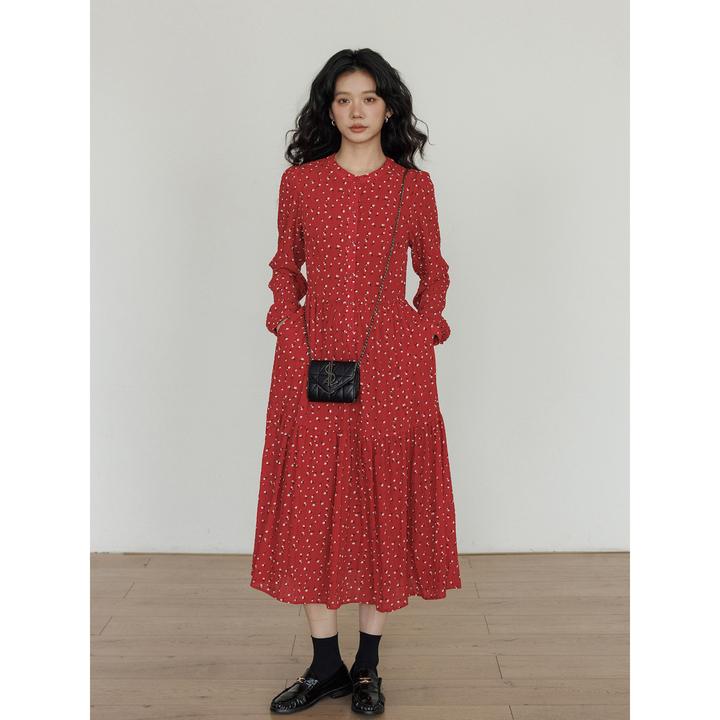vastand维尚 冬季圆领复古碎花长袖连衣裙气质显瘦红色裙子女收腰