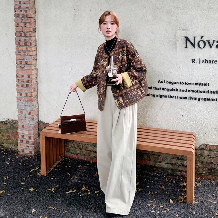 国风短款重工刺绣撞色夹棉加绒女加厚新款韩系小个子冬季棉服