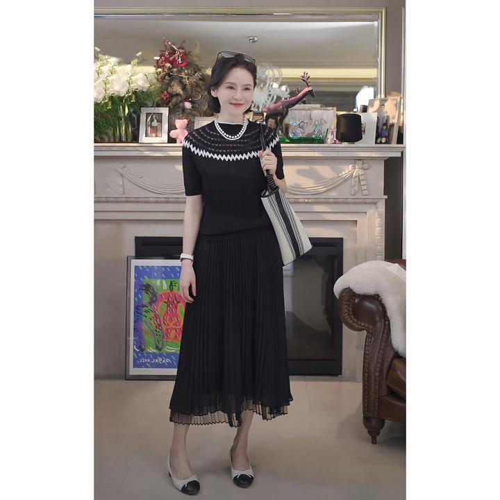 我是摩羯 费尔岛提花 圆弧镂空日本岛精18针无缝针织短袖上衣