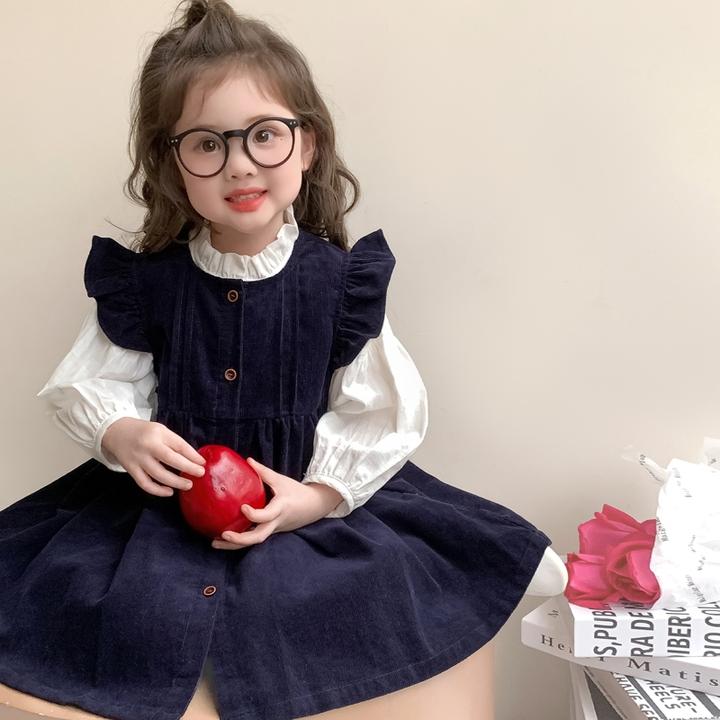 韩版童装女宝宝套装2024新款洋气荷叶边春装儿童灯芯绒背心连衣裙