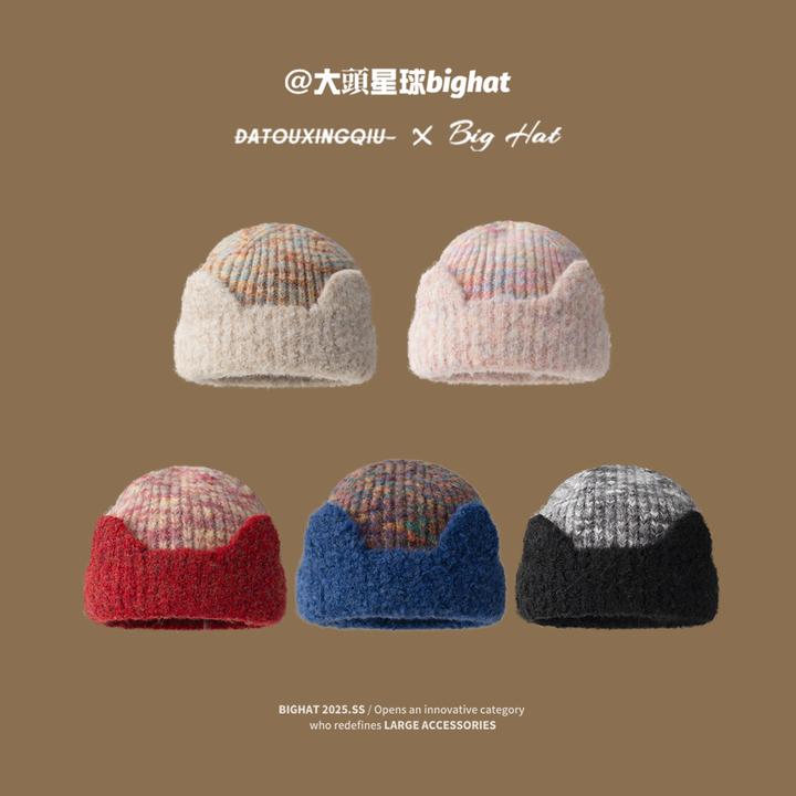 大头星球猫耳毛线帽大头围帽子加厚保暖防寒冷帽显脸小护耳针织帽