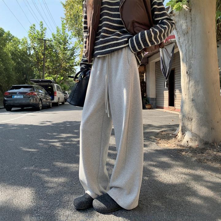 黑灰色糯米阔腿弯刀裤女冬季新款运动高腰显瘦慵懒加绒阔腿香蕉裤