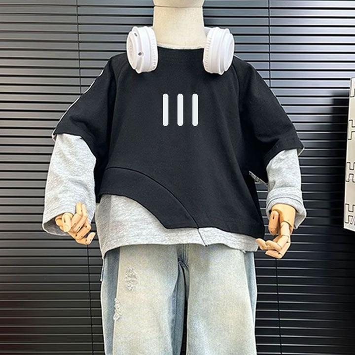 美式男童长袖假两件韩版儿童T恤痞帅街头风潮童装宝宝宽松打底衫t