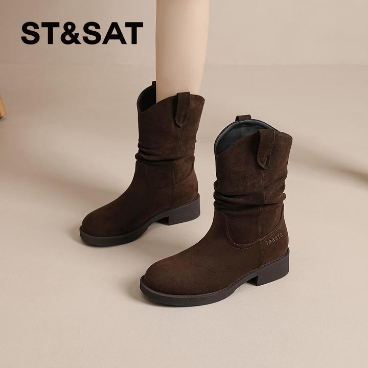 星期六加绒保暖马丁靴女2025新款秋冬复古中筒靴子女厚底百搭靴子