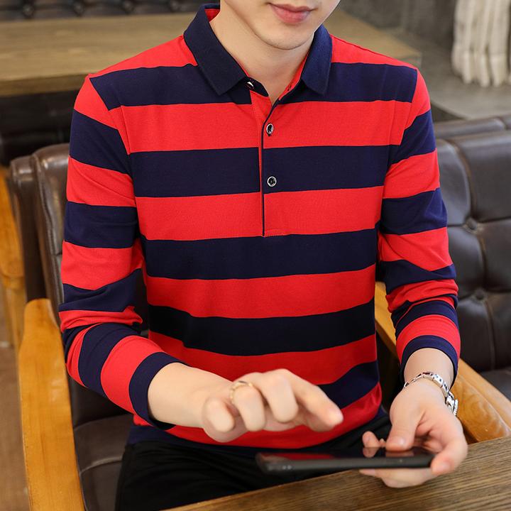 春秋棉质长袖T恤男士条纹polo衫翻领体恤舒适透气休闲保罗打底衫