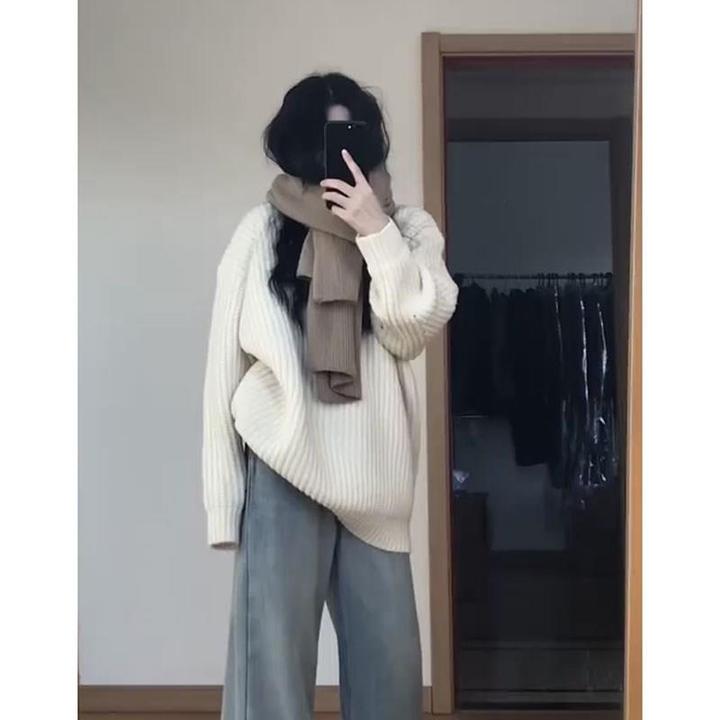 奶fufu白色时尚款套头毛衣女秋冬季加厚软糯慵懒风针织衫内搭上衣