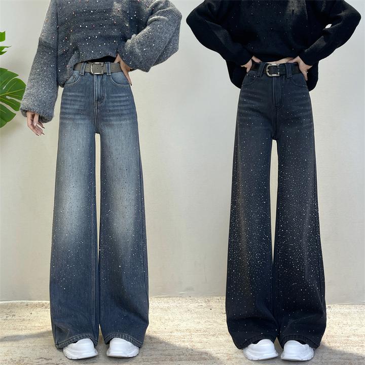 迪否满天星烫钻加绒阔腿微喇裤冬季新款高腰显瘦不贴腿牛仔裤6399