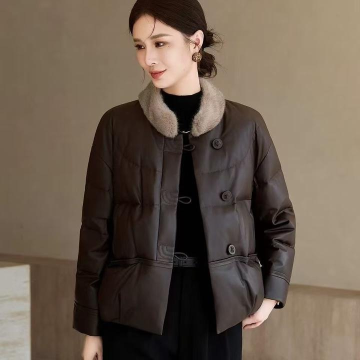 恒源祥集团彩羊中老年皮短款棉衣女2025冬季新款毛领皮衣夹克小个