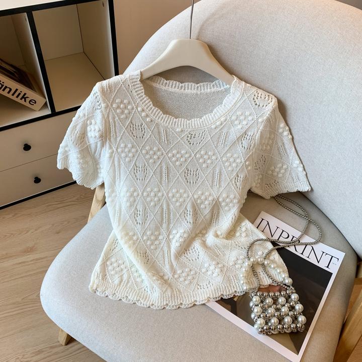 专柜撤回剪标小香风钩花镂空针织衫女夏新款气质建立温柔正肩上衣
