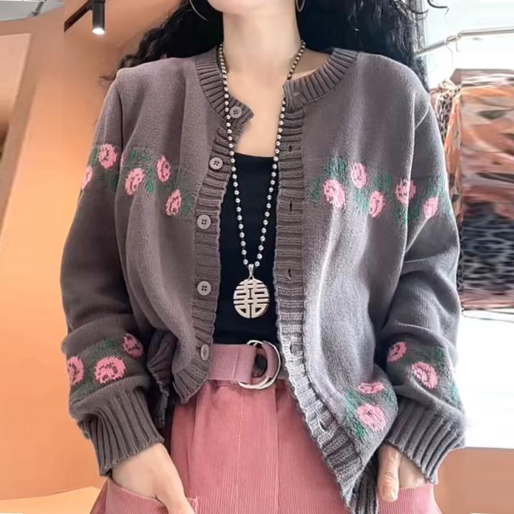 2025春秋新款开衫毛衣外套宽松休闲长袖上衣女印花圆领针织衫女