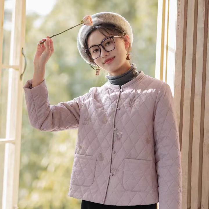 文艺气质紫色长袖立领棉衣外套小个子时尚高级感唐装刺绣棉服女式