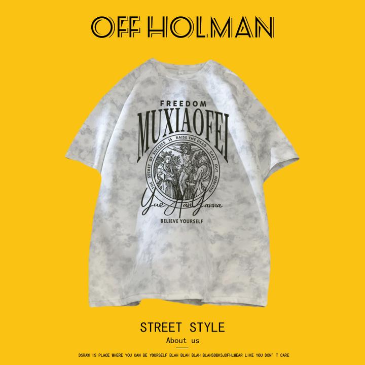 OFF HOLMAN宽松潮流新款夏季扎染短袖情侣休闲百搭撞色短袖