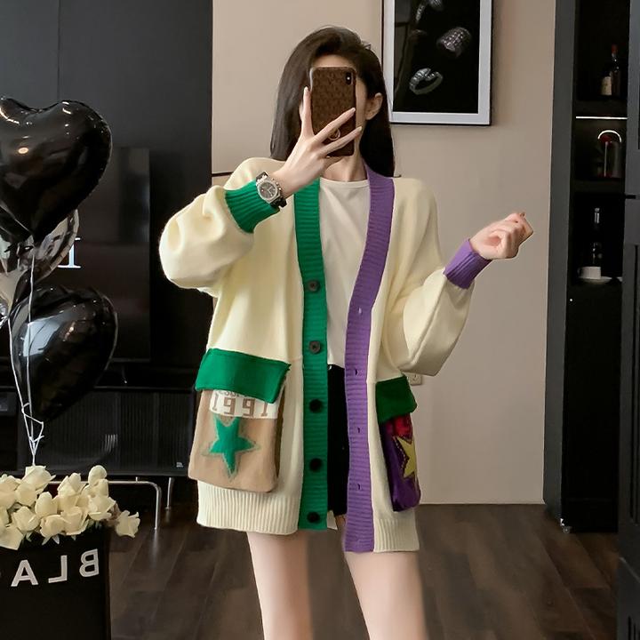 设计感撞色毛衣外套女装秋冬加厚宽松休闲针织开衫领上衣拼接时尚