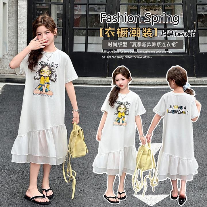 女童夏季韩版休闲短袖T恤裙中大童小女孩洋气连衣裙儿童夏装裙子t