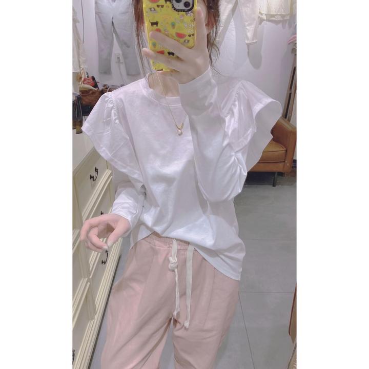 韩版春秋新款宽松大码女装上衣白色飞飞袖棉百搭长袖T恤打底衫