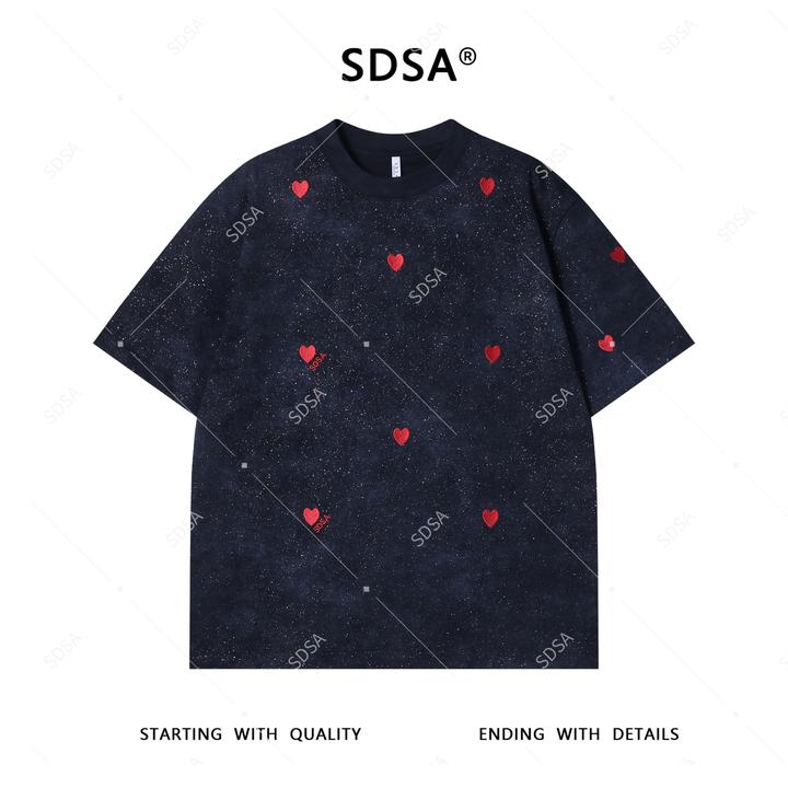 夏季高级感新款男士满天星刺绣爱心短袖T恤轻奢时尚百搭圆领上衣