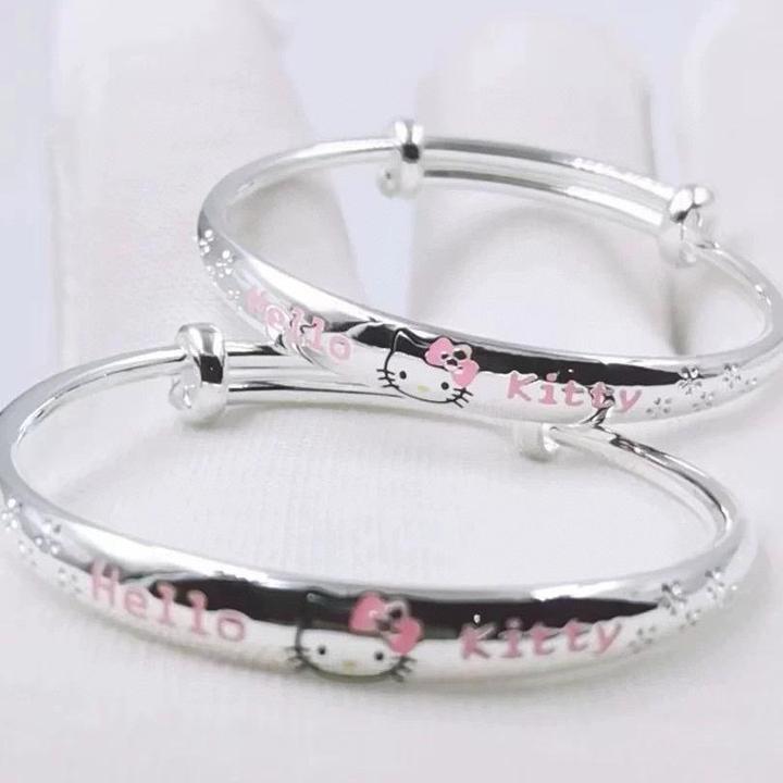 银9999滴胶KT猫小孩手镯时尚手镯开口对镯推拉镯时尚个性实心