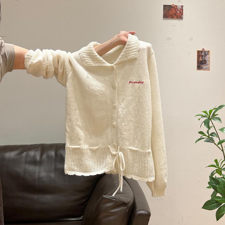 设计感甜美镂空加厚开衫毛衣女秋冬2026新款翻领针织外套上衣