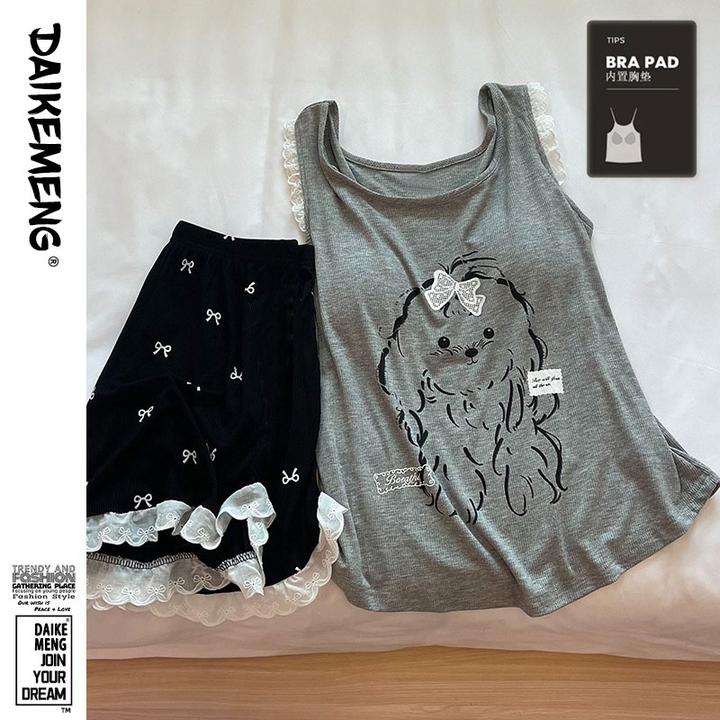 奶芙卷毛小狗睡衣套装女带胸垫甜美花边撞色蝴蝶结背心短裤家居服