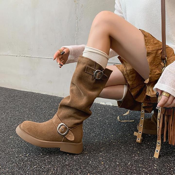 森夏叶覆古风格皮带扣最容易匹配褶皱西方靴子2025新桩靴厚底短靴