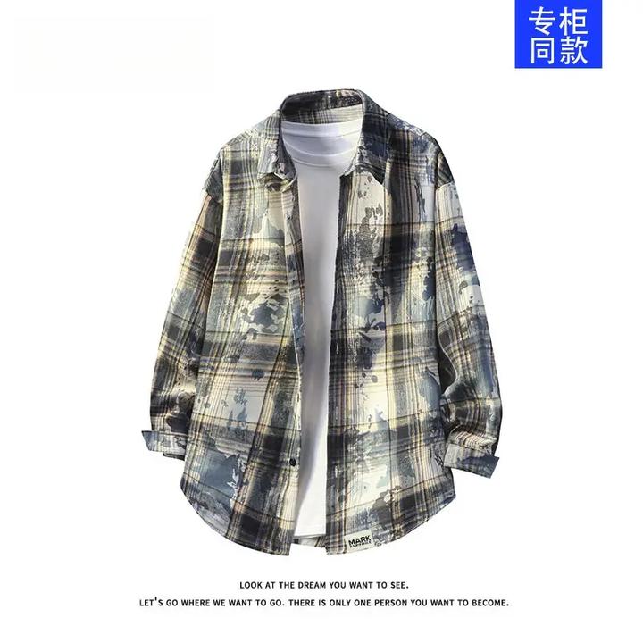 真维斯格子条纹美式扎染衬衫春秋季长袖外套宽松上衣休闲百搭日系