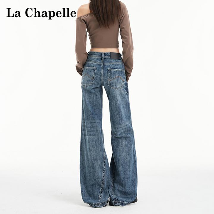 拉夏贝尔美式复古低腰喇叭牛仔裤女秋2025新款辣妹修身显瘦阔腿裤