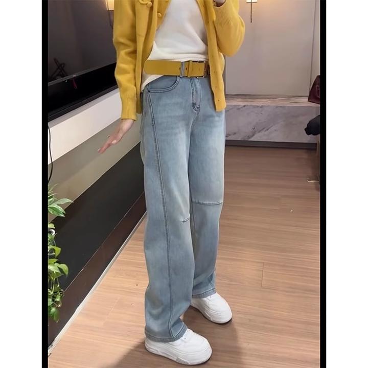 2025春季新款窄版弹力直筒牛仔裤女显瘦弯刀裤大码加绒遮肉阔腿裤