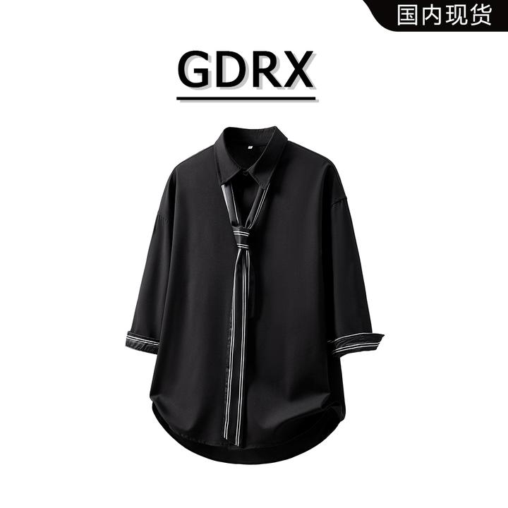 GDRX美式夏季七分袖衬衫男士宽松垂感领带短袖衬衫轻奢痞帅男装